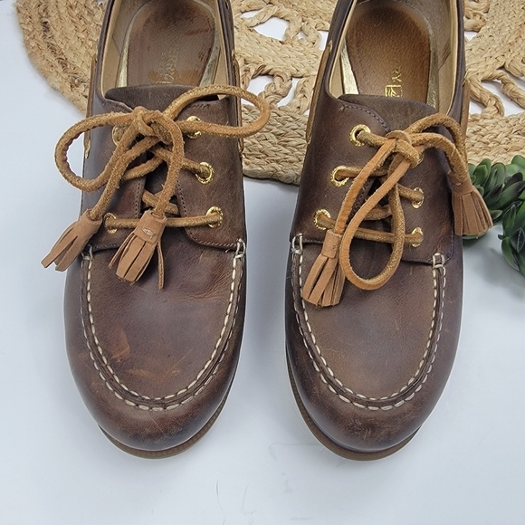 Sperry Top-Sider Seabourn Distressed Brown Oiled Leather Lace-up Wedge Size 9.5 - Picture 10 of 13